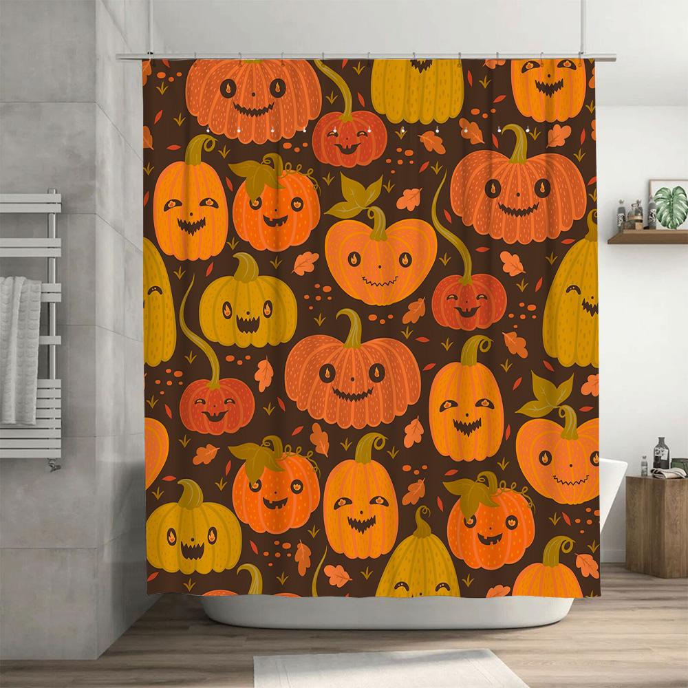 Halloween Pumpkin Shower Curtain, Fall Decorative Bath Mat, Orange and Brown Patterned Fabric Waterproof Bathroom Liner Set for