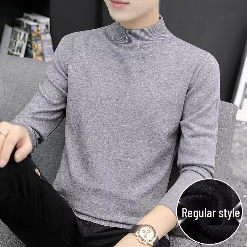 Men's Thick Knit Wool Sweater - Half-High Neck, Warm Base Layer for Autumn & Winter
