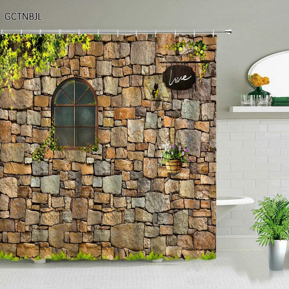Flowers Green Plants Shower Curtains Set Bathroom Decor Garden Background Wall Hanging Cloth Washable Bathtub Screen With Hooks