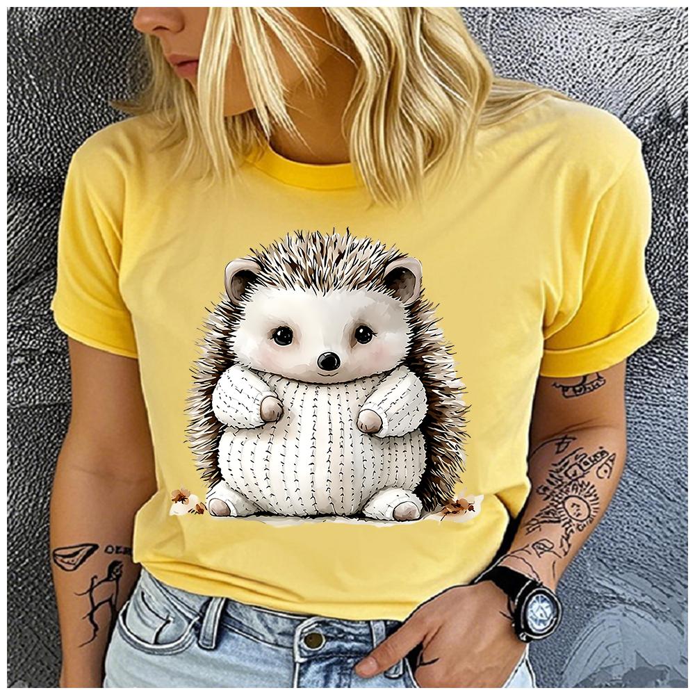 Women's Polyester 100%  interesting hedgehog Print T-shirt Loose round Neck Casual Short Sleeve Fashion Top  Clothing Summer