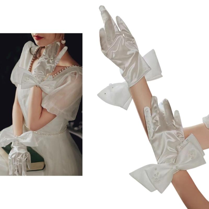 Elegant Wedding Gloves with Bowknot Pearls Cuffs For Indoor Outdoor Event And Professional Bride Photography Handwear