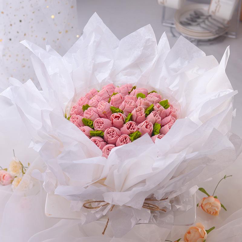 Valentine's Day Celebrity Bouquet: Fresh Flowers, Cake Decoration, Tissue & Transparent Wrapping Paper.
