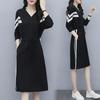 V-Neck Black Slimming Knee-Length Dress - Spring/Autumn Loose Fit, Medium Length, Korean Style
