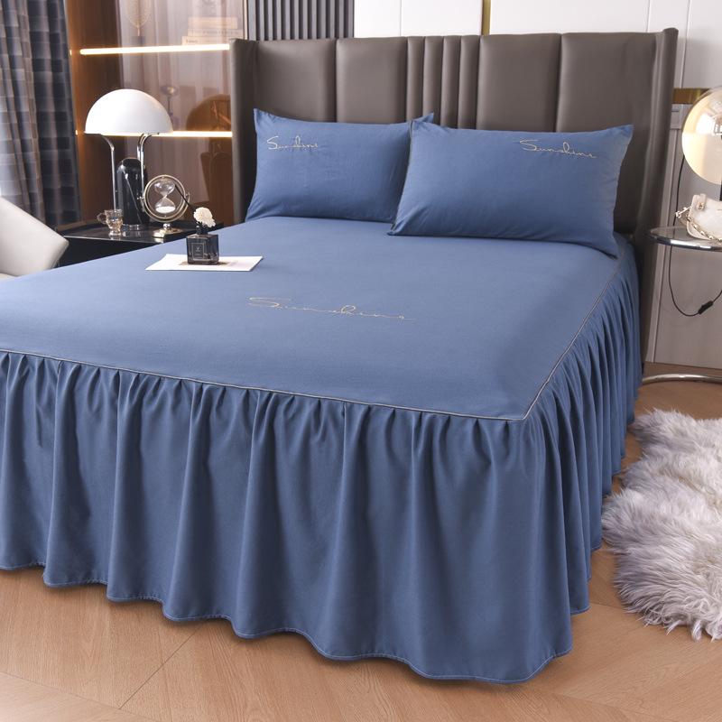 Solid Color Washed Cotton Lace Bed Skirt Mattress Protector