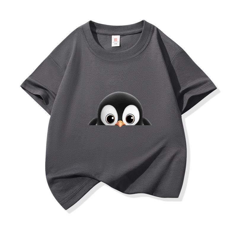 Kids Cotton T Shirt Cute Peeking Penguin Print Crew Neck Short Sleeve Tee Casual Breathable Boys Girls Summer Tops