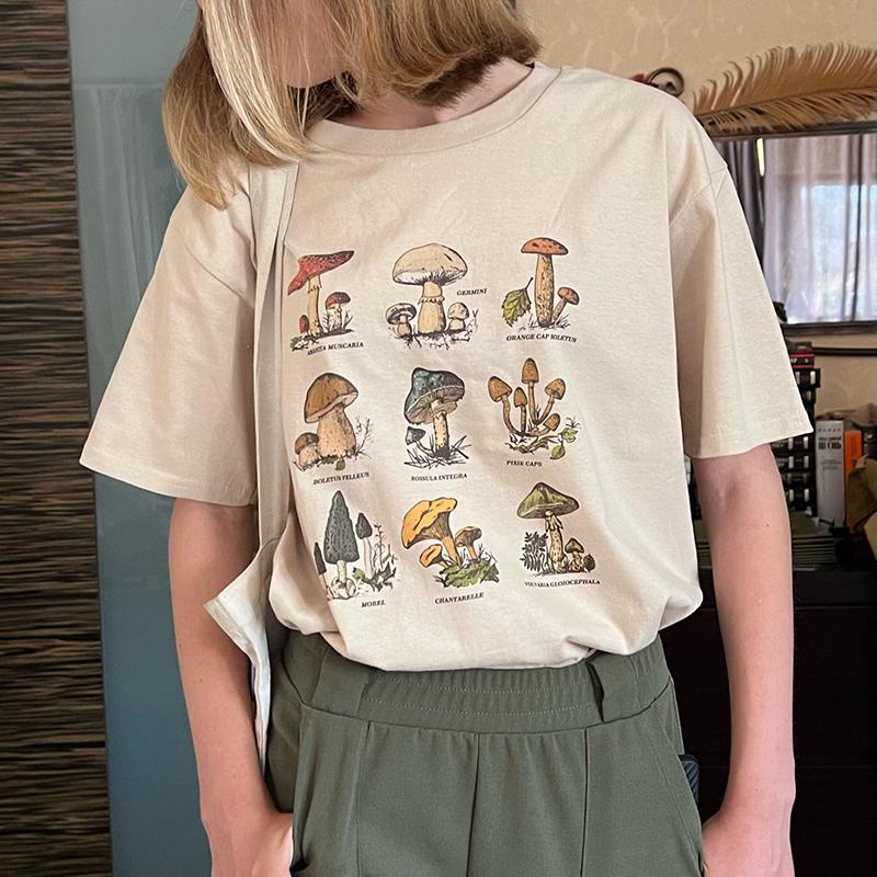 Summer Fashion Unisex Tshirts Mushroom Print Vintage T Shirt Aesthetic Streetwear Graphic Tees Cute Short Sleeve Tops Y2k Grunge