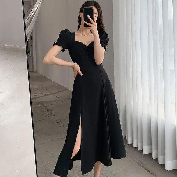 Summer new dress women s long dress bubble sleeves square collar Hepburn style French sweet retro a-word split skirt S чёрный