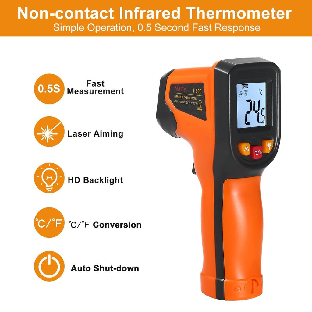 Infrared Thermometer Non-Contact Digital Temperature Gun -50°C~600°C (-58°F~1112°F) IR Thermometer for Industrial, Kitchen Cooking, Automotive,