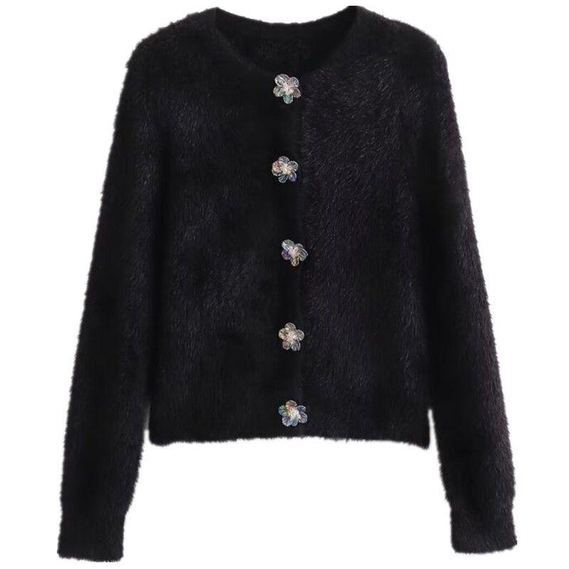

Модный стиль Новое поступление Женская вязаная верхняя одежда с декором в форме цветка и эффектом искусственного меха, на пуговицах в ряд 9598376 800 Black L