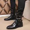Autunno Inverno Classico retrò alta qualità pelle nera UOMO stivaletti da motociclista stile punk rock con borchie e cinturino con fibbia