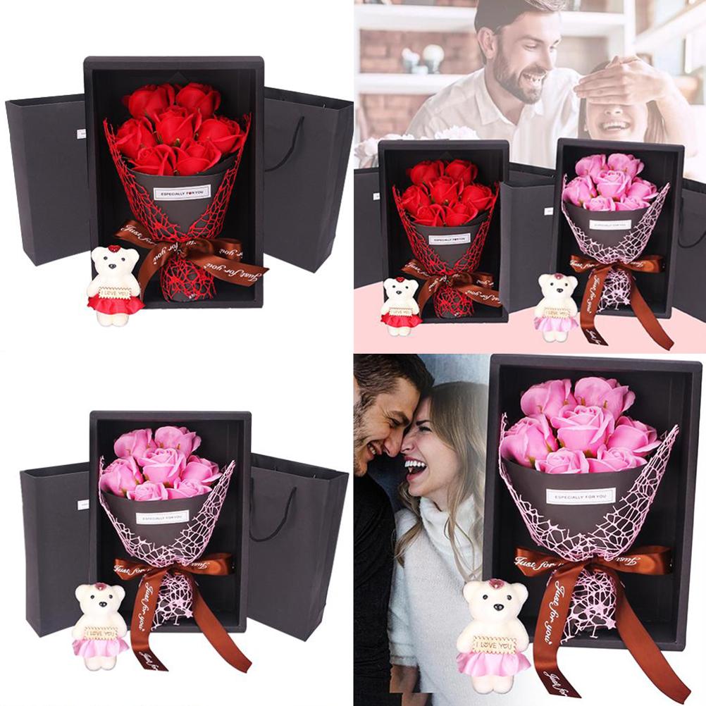 7 Soap Rose Flower Gift Box Bouquet Stuffed Bear Valentine S Day Gift for Birthday Party Anniversary