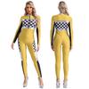 Womens Checkerboard Racing Jumpsuit Long Sleeve Plaid Romper Racer Driver Cosplay Costume