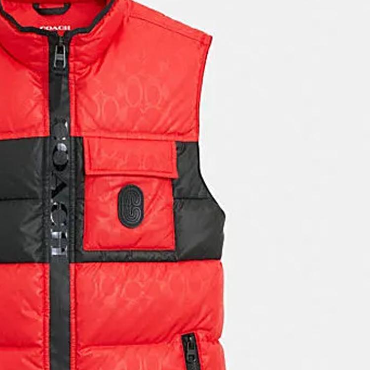 Coach Color Block Stand Collar Zipper Sleeveless Down Jacket Men outerwear Red CL599-RED