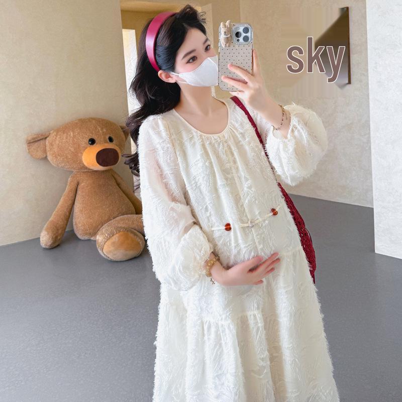 Spring 2026 Puff Sleeve Slimming Maternity Dress - Loose Belly Covering Skirt Extra Large
