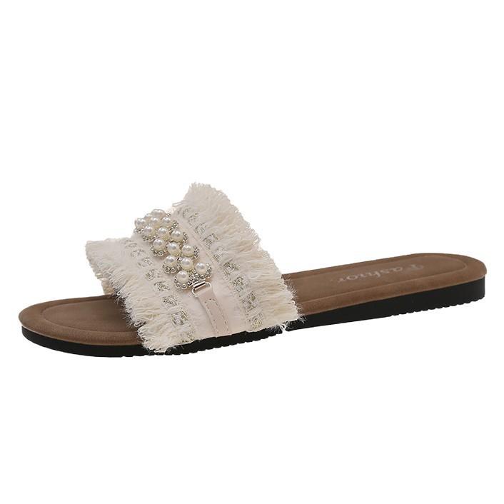 Canvas outer slippers female 2025 summer with skirt small fragrant wind soft sole word new fairy wind beach sandals