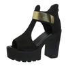Plus Size Women'S Fashion Platform High Heel Sandals - Elegant Black Thick Sole Slip-On Dress Shoes with Golden Buckle Straps, Comfortable