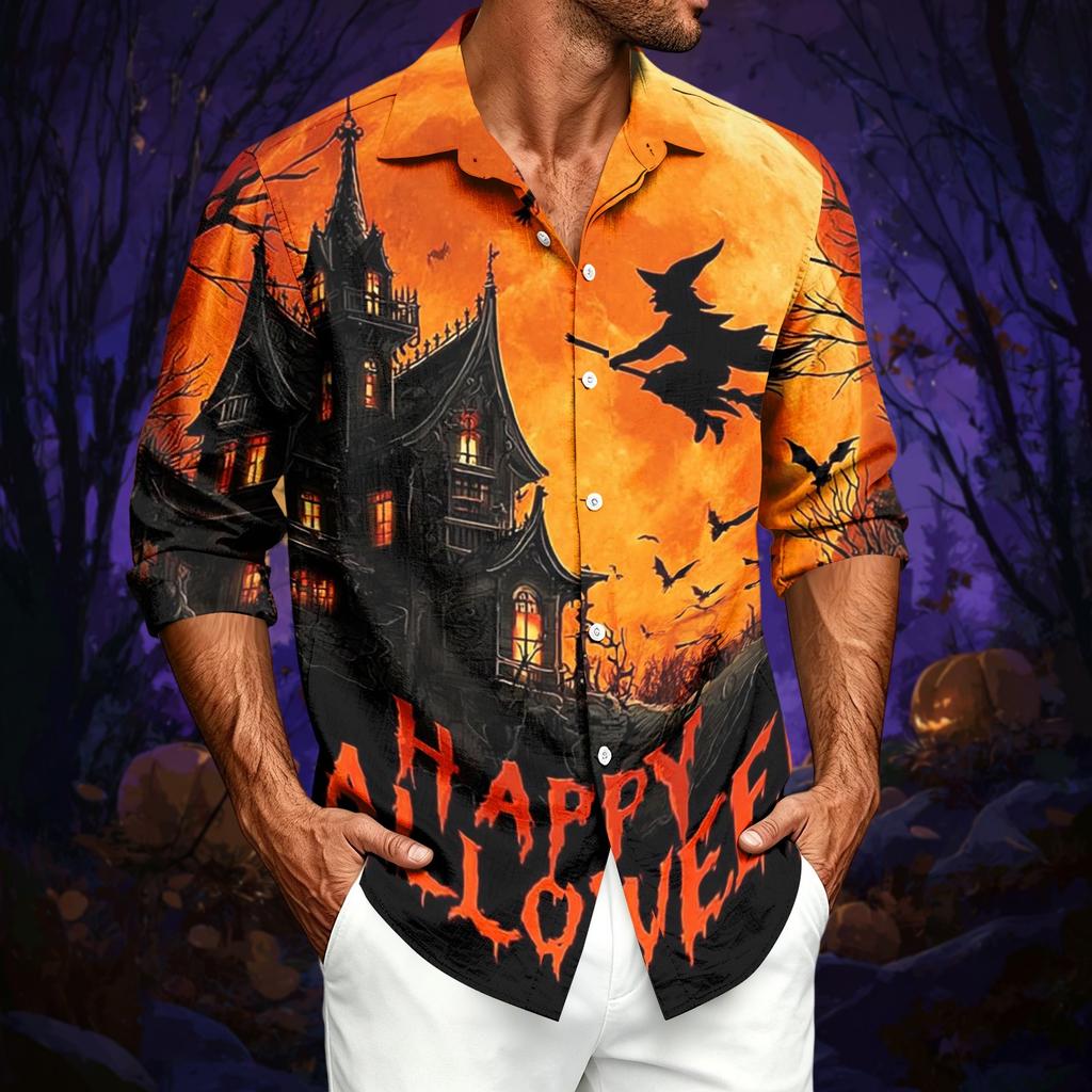 Men's Casual Long-Sleeve Shirt with Halloween Print for Spring ,Summer and Fall