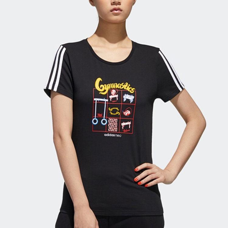 Adidas Neo Three-Stripe Pattern Print Round Neck Short Sleeve T-Shirt Women Tops Black GK1567