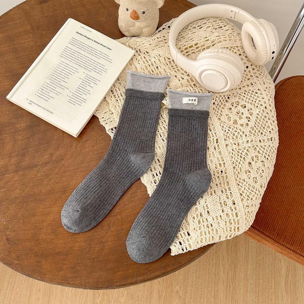 Dubbel Luo Mun Äggtyg Etikettstrumpor Flickor Koreansk Stil Personlighet Kontrastfärg Mellanhöga Strumpor Strumpor Bomullsfrottéstrumpor