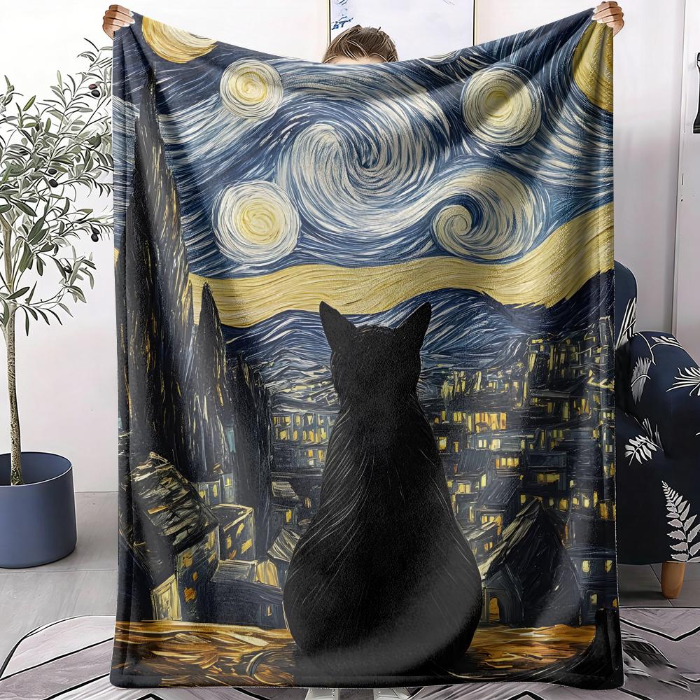 Starry Night And The Cat Throw Soft Flannel AC Blanket Lightweight Summer Nap Throw Cozy  Blanket for Sofa Bed Travel Home