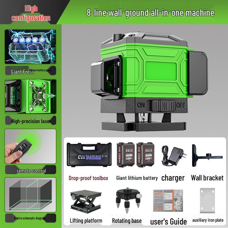 High-Precision Laser Level with 12-Line Green Infrared and Heavy-Duty Spirit Level