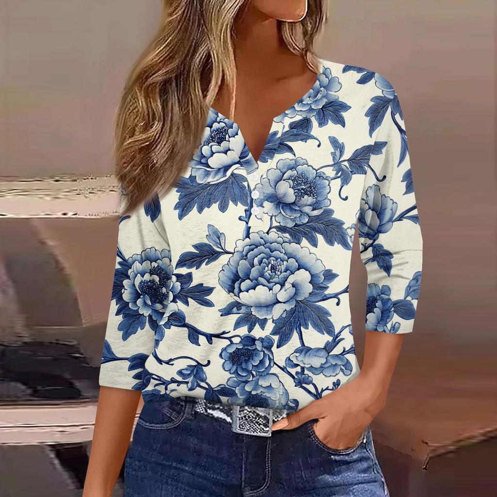 Damska koszulka z nadrukiem na guziki, rękaw 3/4, codzienna, weekendowa, modna, podstawowa, dekolt w serek, regularny top