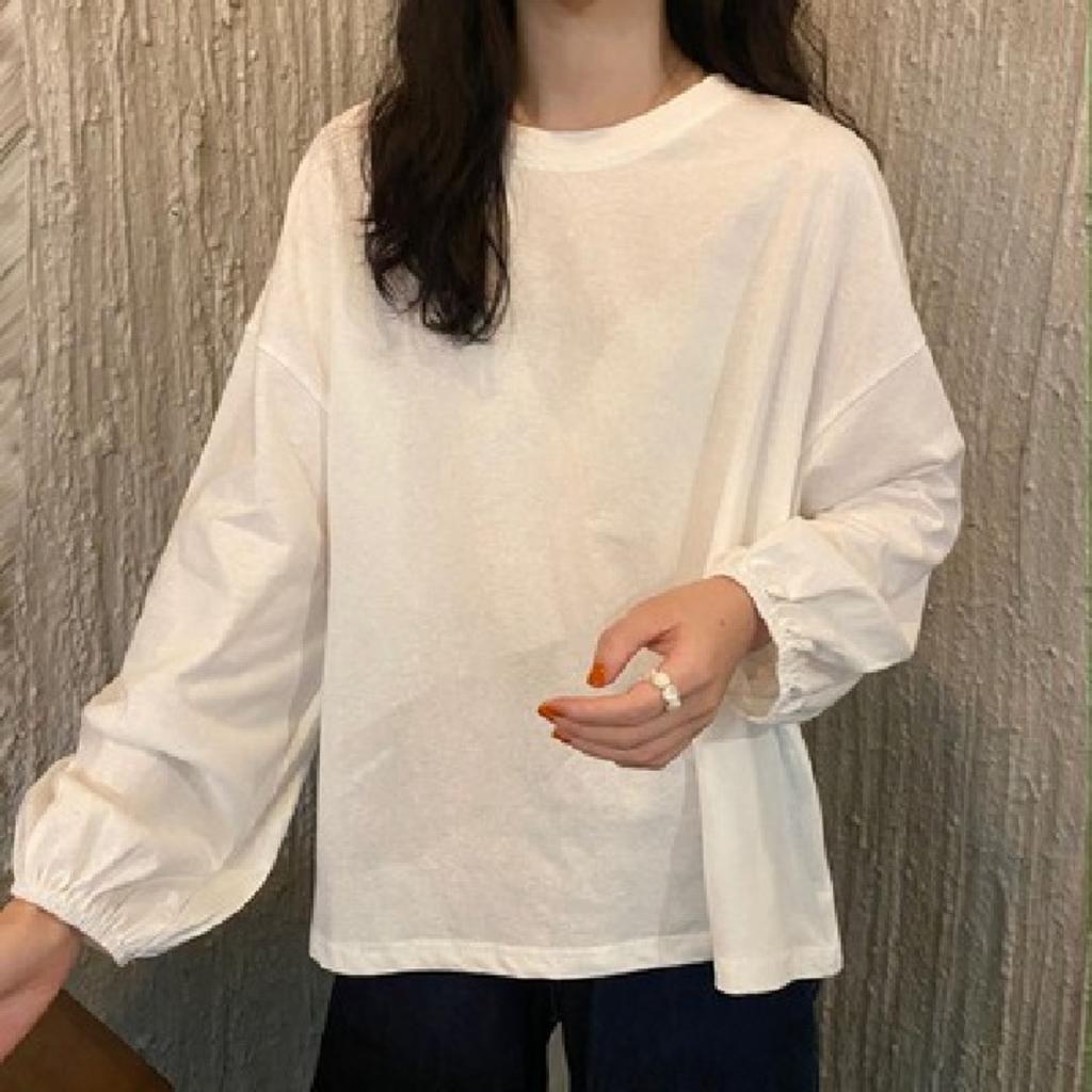 Women's Crew Neck Long Sleeve Tunic Top Loose Fit Solid Color Casual Lantern Sleeve Tops