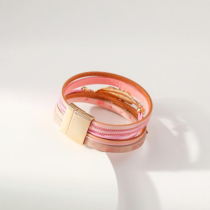 Bohemian Style Multi-layer PU Leather Bracelet Women's Leaf Magnet Buckle Jewelry Accessories