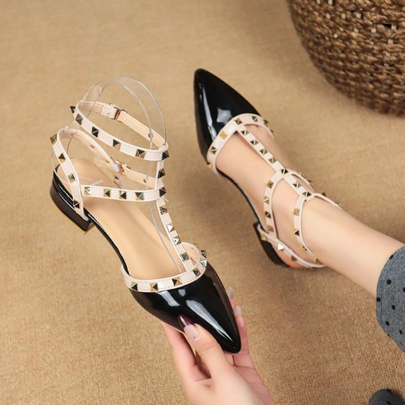 Women's Shoes New Spring and Autumn Flat Rivets Single Shoes Pointed Toe Thick Heel Low Heel Fashion Sandals Popular