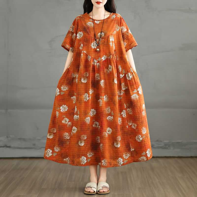 Summer Retro Cotton and Linen Round Neck Short Sleeved Dress, Women's Loose Letter Skirt