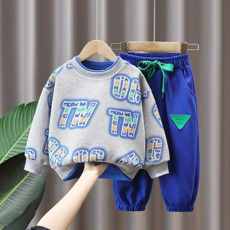 Spring and Autumn Boys' Suits, Big Children's Long-sleeved Fake Two-piece Sweaters, Casual Pants, Sportswear, Two-piece Autumn and Winter Suits