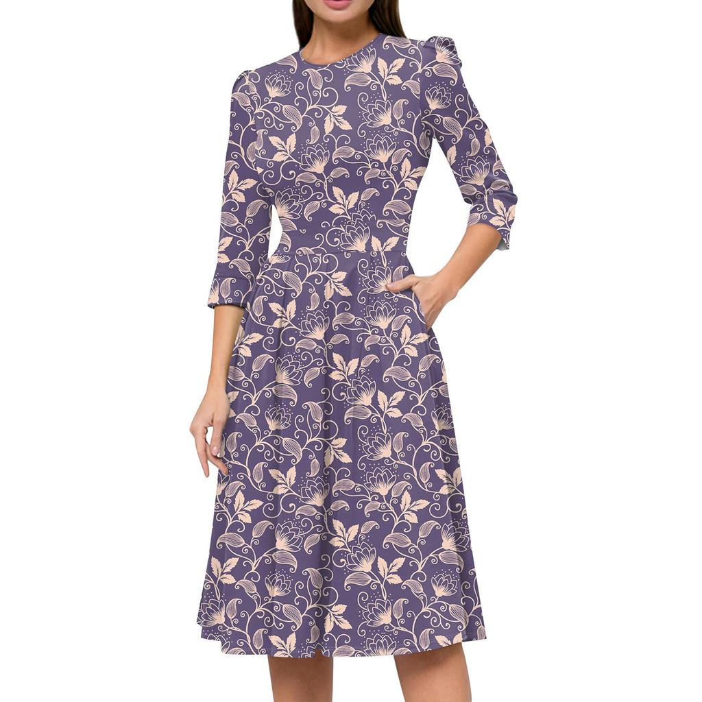 Lässiges und modisches Kleid für Damen mit Blumenmuster, 3/4-Ärmeln, Tasche und Reißverschluss auf der Rückseite