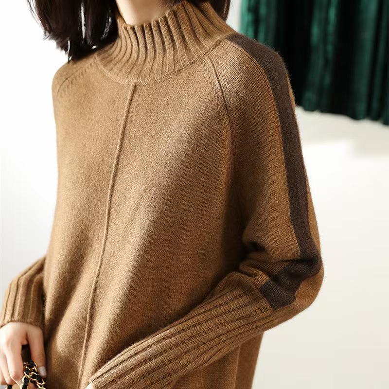 Women's Color Block Half-High Neck Sweater Dress - Long Sleeve Knitwear for Autumn/Winter