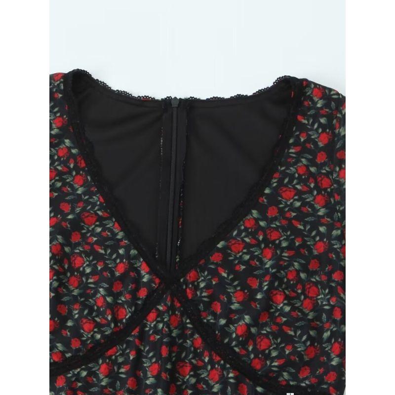 Kaslead New Arrival Women's Clothing Fashion Style Fashion Rose Printed V-neck Silm Waist-Tight Long Dress