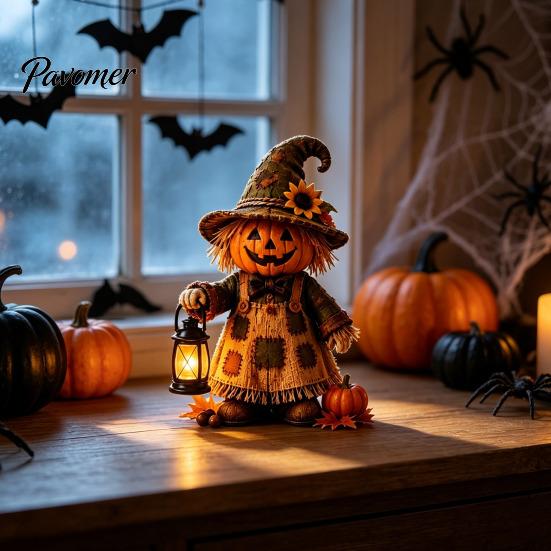 Atmospheric Window Displays Wooden Halloween Figurine with Lantern, Pumpkin Scarecrow Skeleton Mummy Ghost Witch Seasonal Tabletop Accessories Statue,