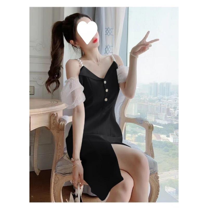 Summer white high-end off-the-shoulder dress femininity gentle wind light ripe V-neck suspender split skirt ins