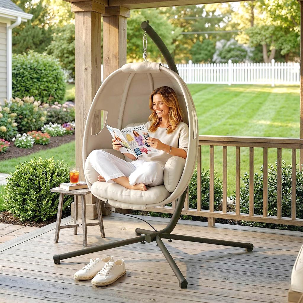 Hanging Chair with Frame, Foldable Hanging Basket with Thick Seat Cushions Adjustable Height Safety Belt Up To 120 Kg