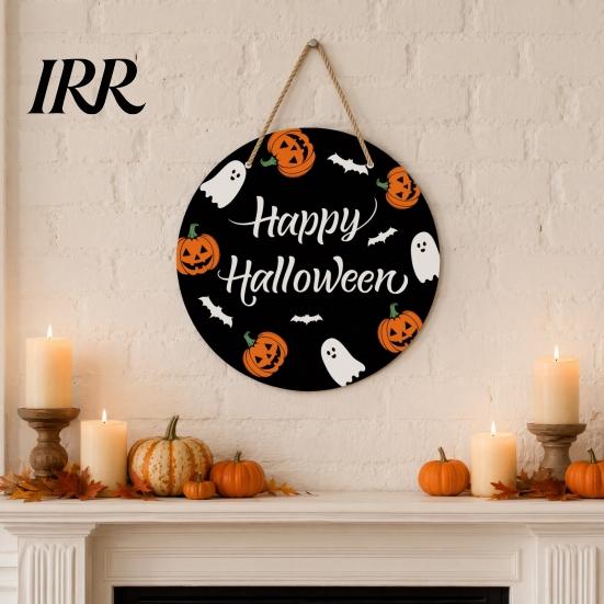 Haunted House Door Sign Halloween Hanging Sign, Wooden Front Hanger Wreath, Cute Eye-catching Ghost Welcome for Porch Wall Indoor Home Decoration