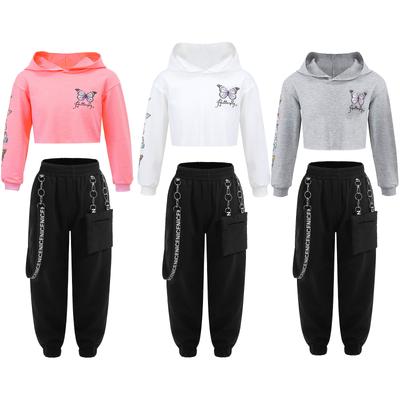 Dziecięca bluza z kapturem z długim rękawem i nadrukowanym motylem ze spodniami Strój dresowy do tańca hip-hopowego