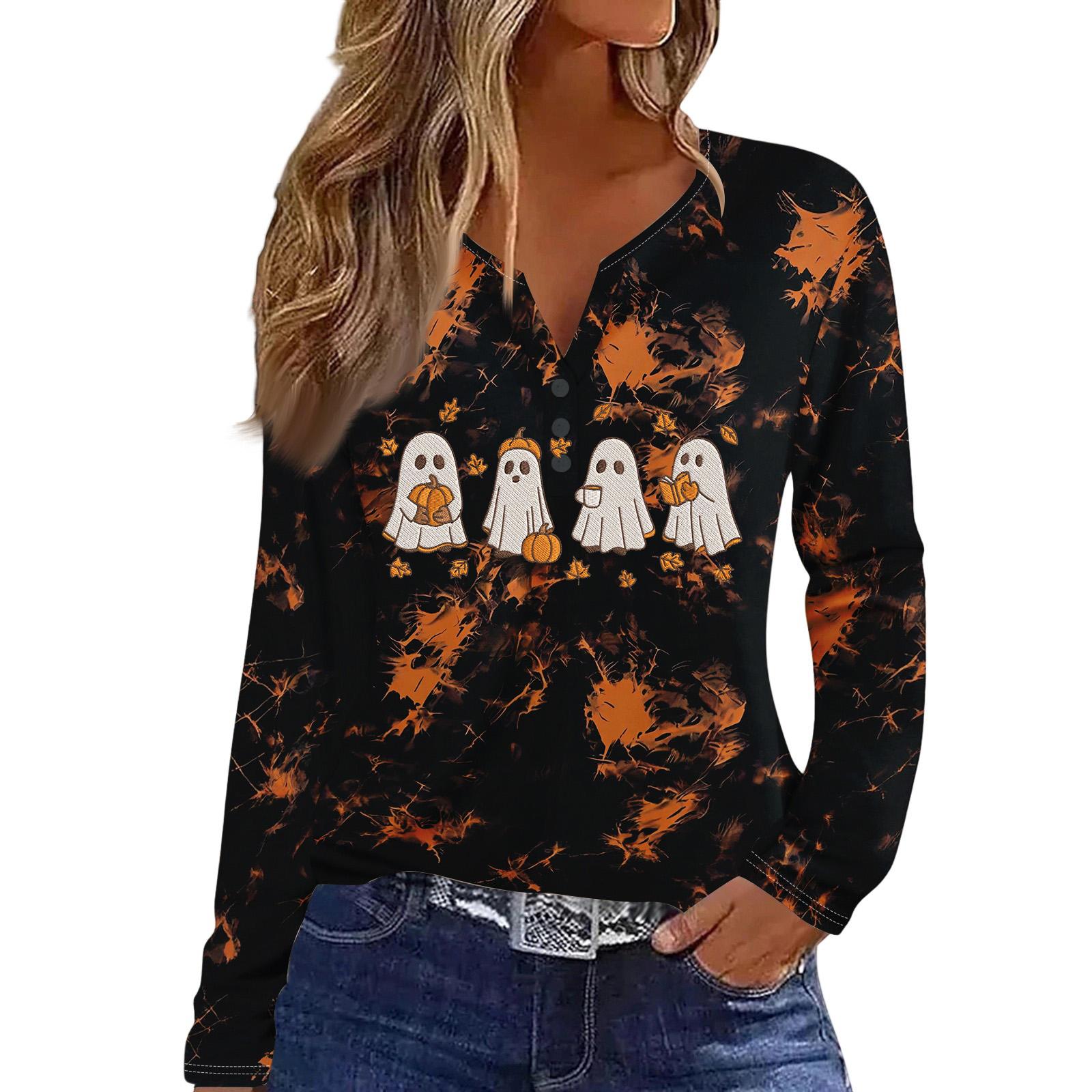 Women s Casual Long Sleeve T-Shirt with Halloween Print V-Neck and Button S