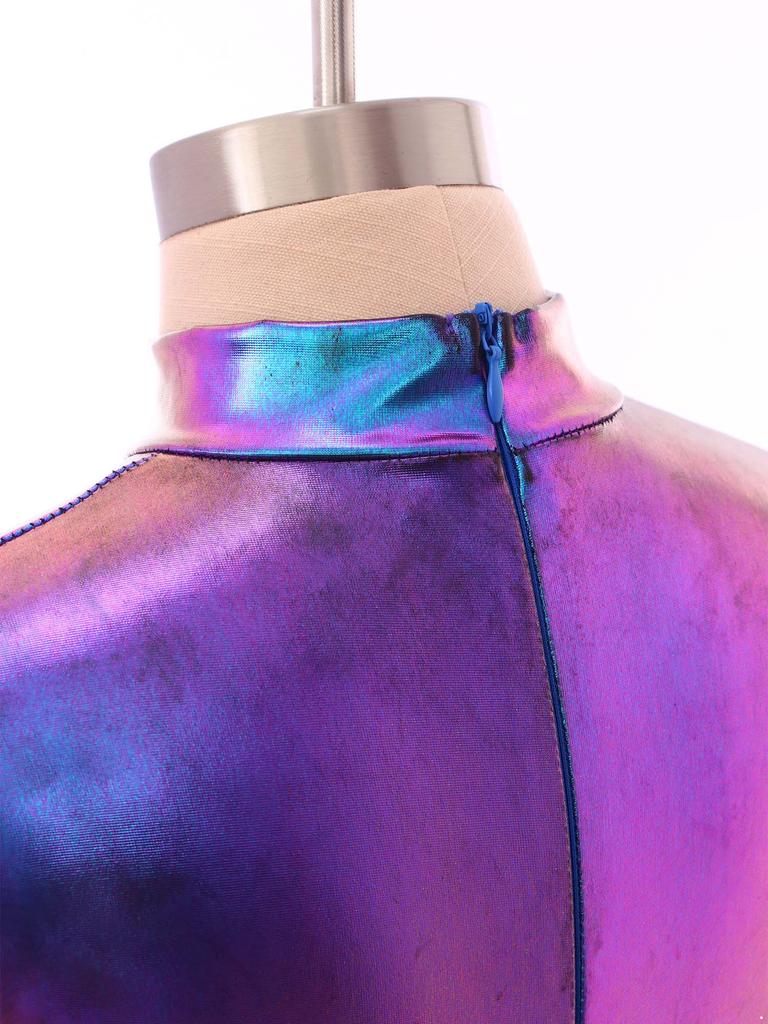 Robe Costumes d'Aliens pour Filles Patchwork Brillant Métallique Col Montant Manches Longues Fermeture Éclair Invisible Short Intégré