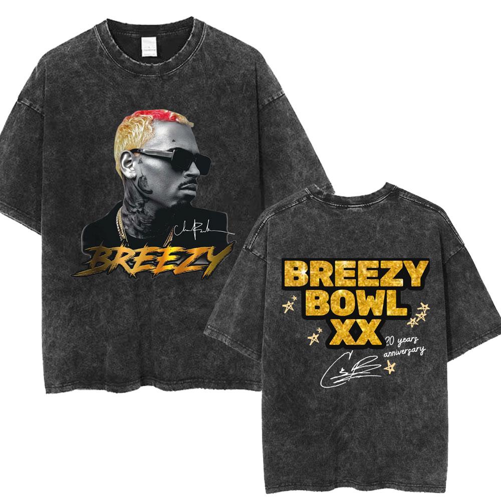 Chris Brown Breezy Bowl XX Concert Tour Washed T Shirts Vintage Hip Hop Gothic T Shirt Mens Oversized Cotton Tshirt Streetwear
