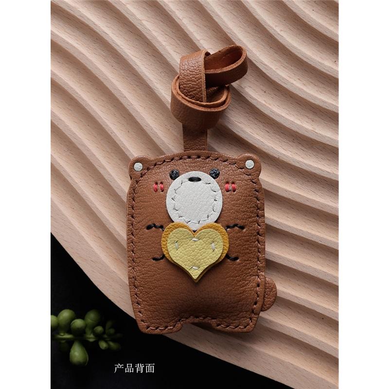 Teddy Bear Bag Keychain Genuine Leather Car Accessory Handmade Small Decoration