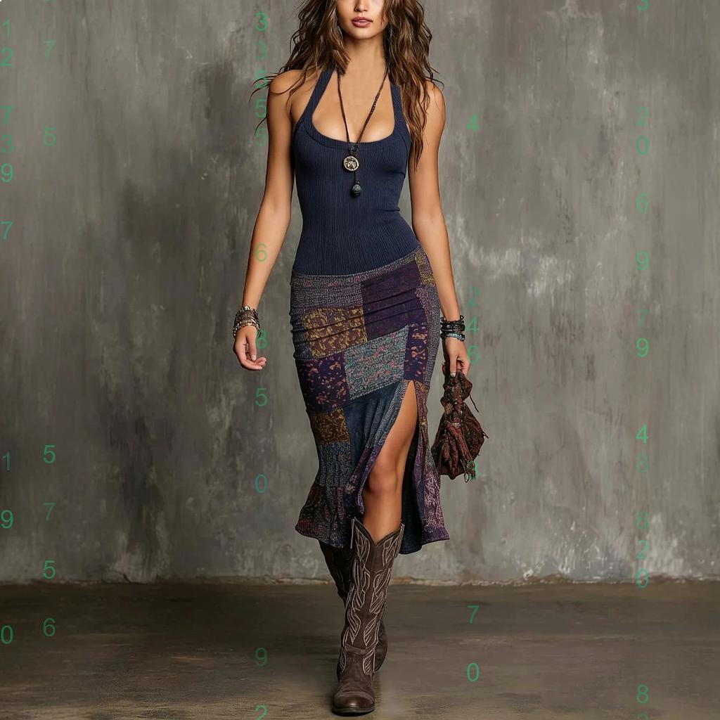 Bohemian Print Strap Dress Purple Ribbed Halter Top and Patchwork Slit Midi Skirt Vintage Y2K Casual Streetwear Vestidos Dress
