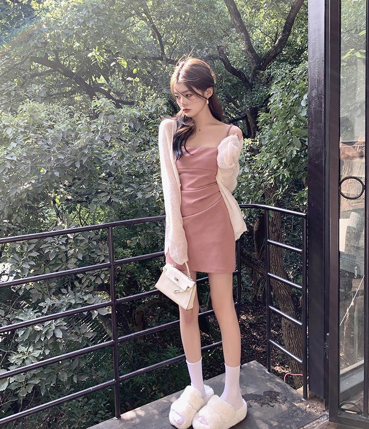 Spring/Summer 2026 Elegant Pink Pleated Waist Bodycon Camisole Dress for Women
