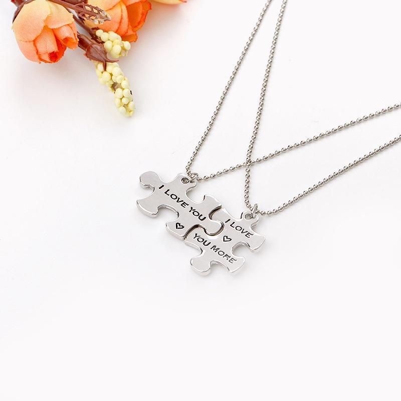 Satın alın ''I LOVE YOU I LOVE MORE"Silver Pendant Puzzle Tag Necklace Lover's Men Women