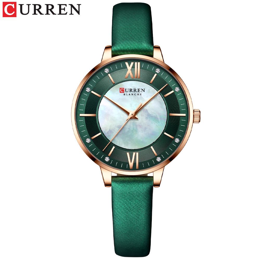 CURREN 9080 Damen Ultraflache Perlmutt Zifferblatt Wasserdichte Uhr mit Lederarmband