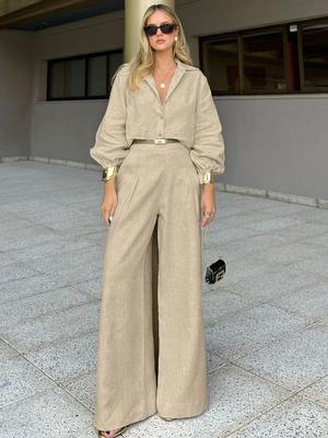 Premium Cotton Linen Solid Color High Waist Fashion Casual Set Autumn Winter New Style Elegant Two-Piece Outfit