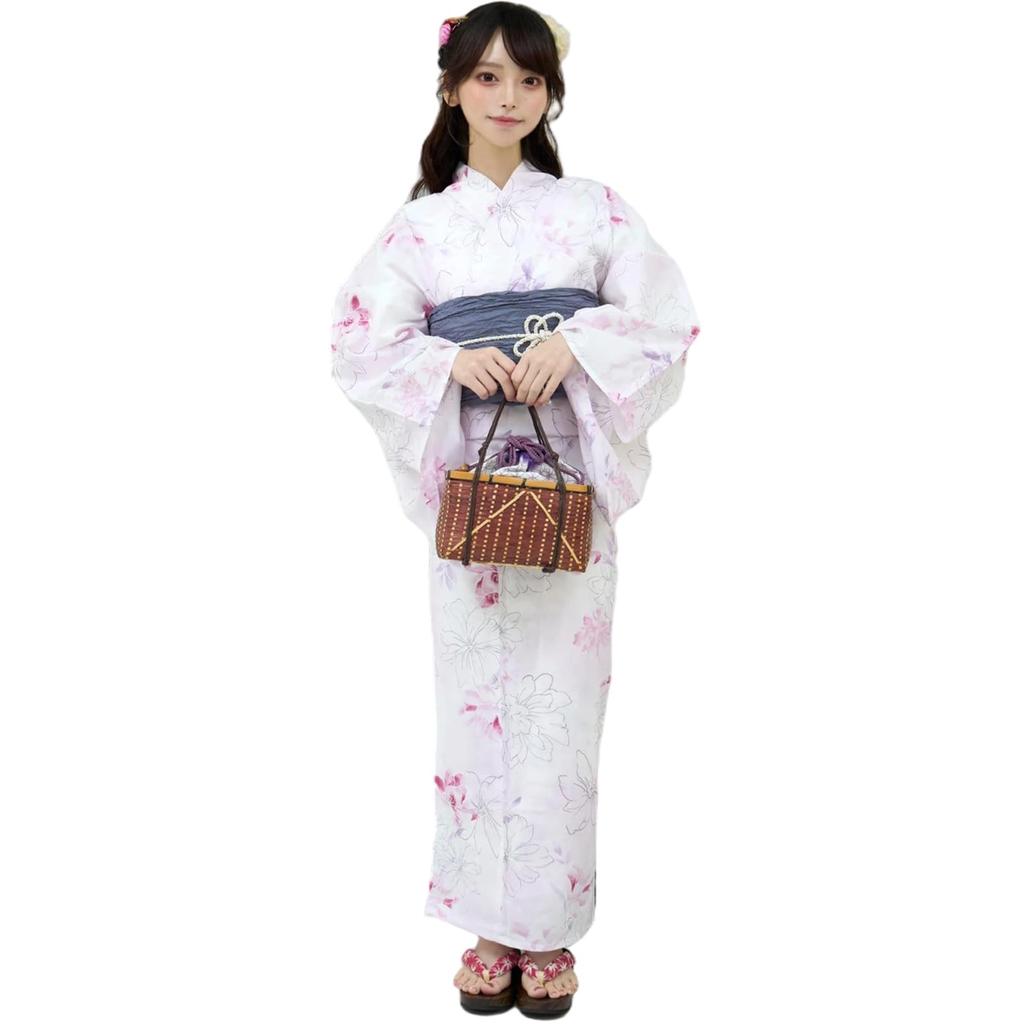 RAVIR Yukata White with Line Drawings and Floral Fluffy Obi and Geta One Size Fits All Women's 3-Piece Set, Watercolor-Style Patterns, Belt, Sandals,