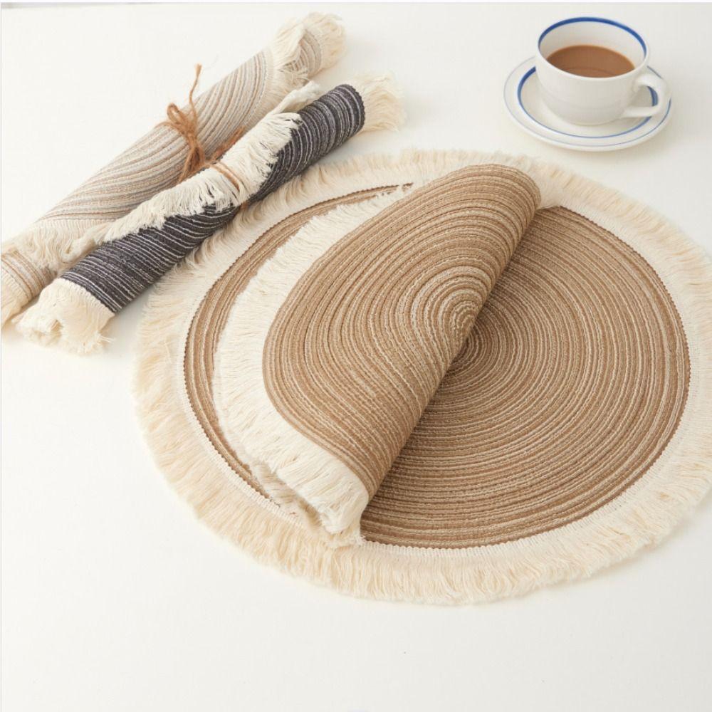 Nordic Style Dinner Placemat Tassel Woven Cup Mat Vase Pad Round Ramie Placemat  Dining Table